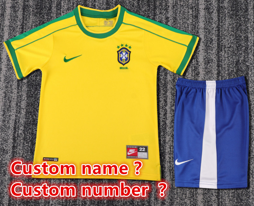 Child kids kit Retro jersey Brazil jersey kids kit Home Third away  1998 2002 Brazil Retro soccer jersey 10-20 days. It will arrive in your country