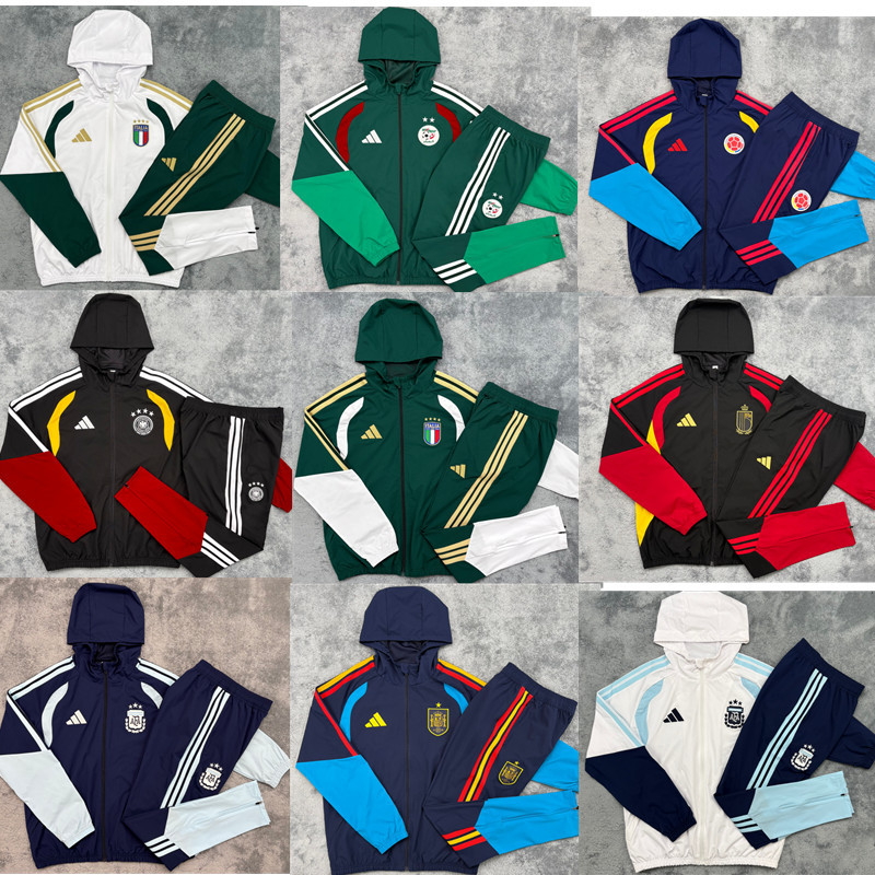 Windbreaker suit, hat 2026 World Cup National Team  New Spain Italy Columbia  Belgium Argentina Germany Algeria training coat jacket jersey adult kit  10-20 days. It will arrive in your country