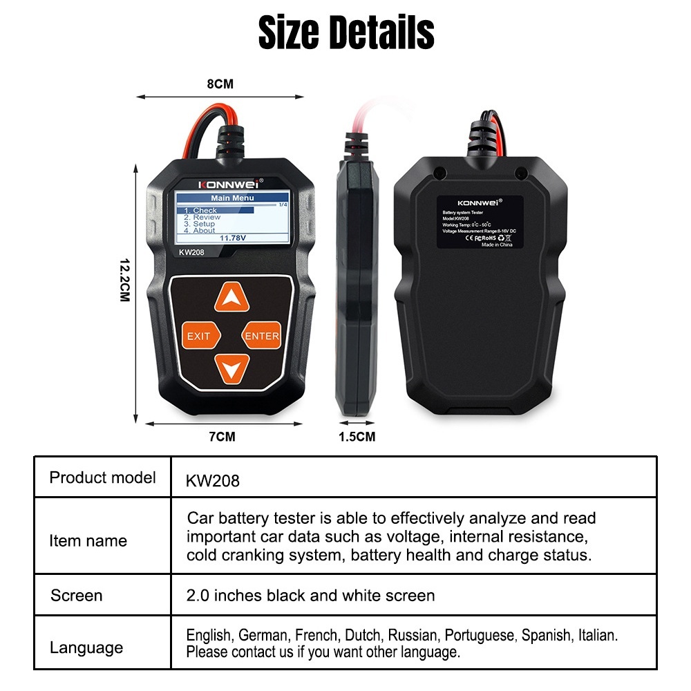 KONNWEI KW208 Auto Battery Analyzer For All 12V Cars