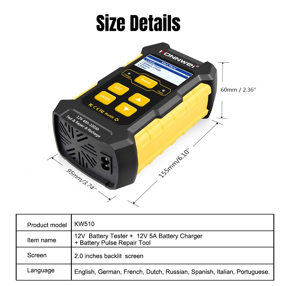 KONNWEI KW510 Battery Tester 12V Car 5A Battery Charger Car Repair Tool
