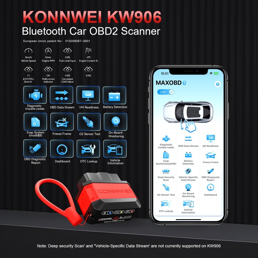 KONNWEI KW906 ELM327 V1.5 OBDII Scanners Bluetooth 5.0 For Android/IOS ELM 327 OBDII Car Diagnostic tool Code Reader