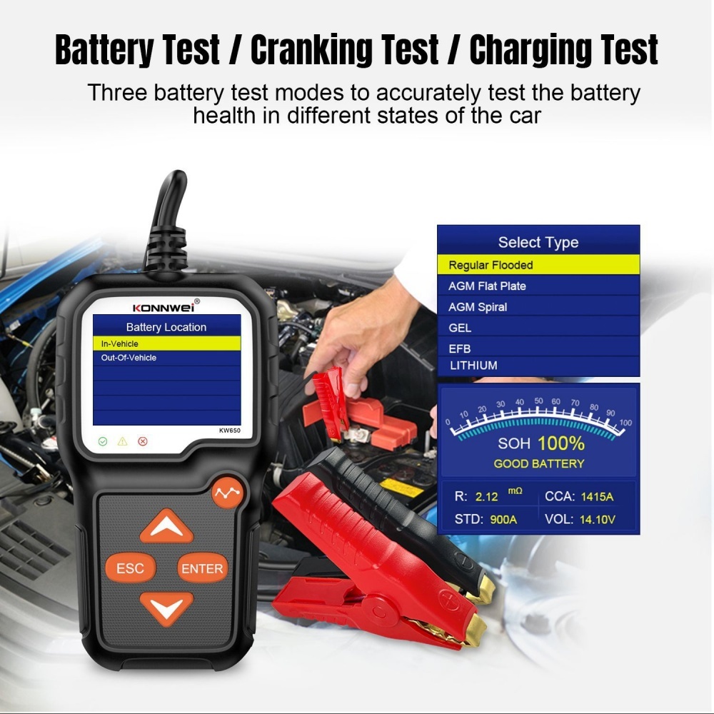 KONNWEI KW650 Car Motorcycle Battery Tester 6V 12V Auto Battery AnalyzerCranking Charging Test Tool