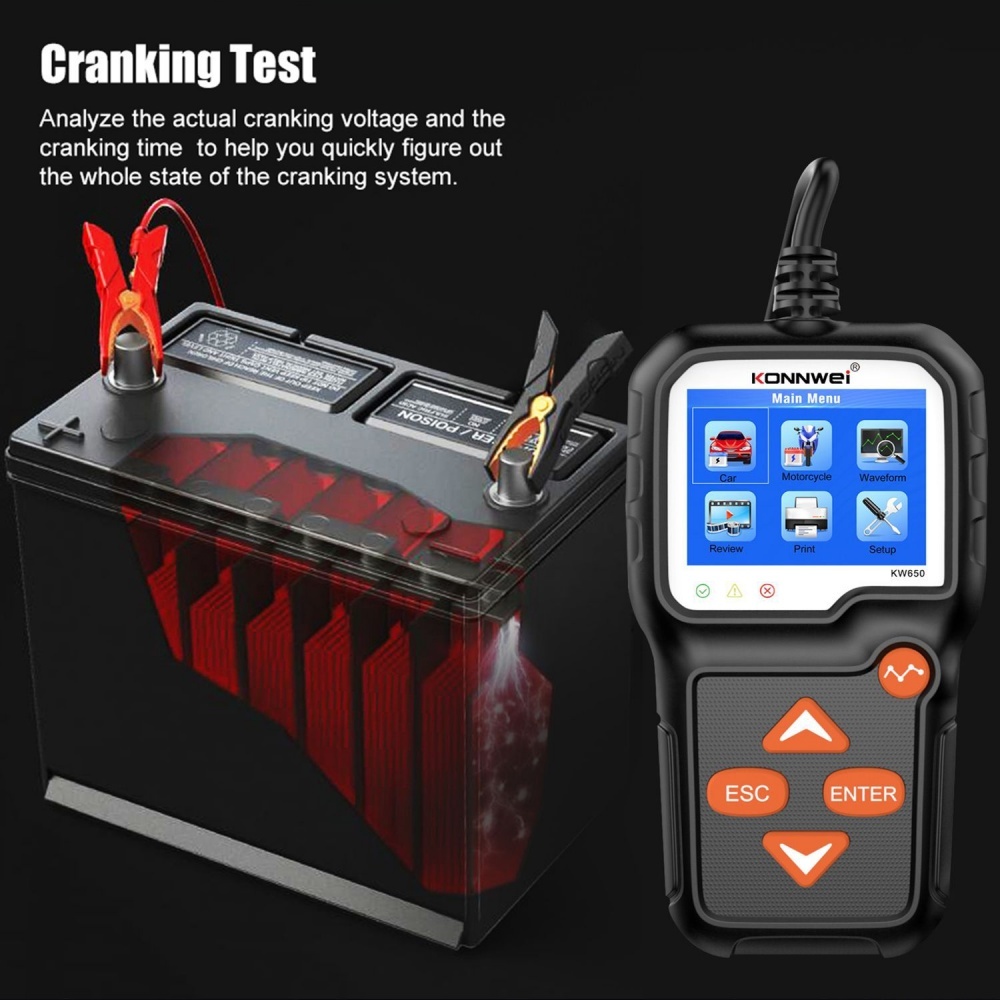 KONNWEI KW650 Car Motorcycle Battery Tester 6V 12V Auto Battery AnalyzerCranking Charging Test Tool