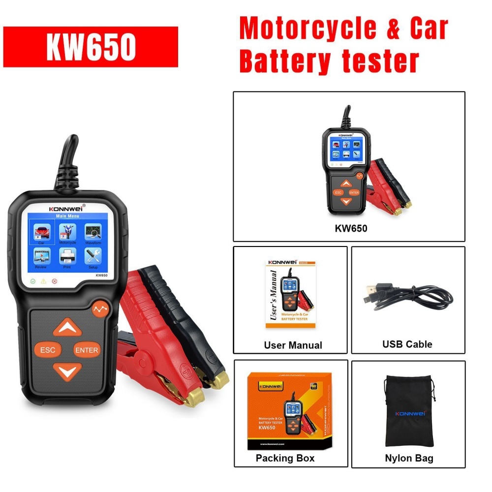 KONNWEI KW650 Car Motorcycle Battery Tester 6V 12V Auto Battery AnalyzerCranking Charging Test Tool