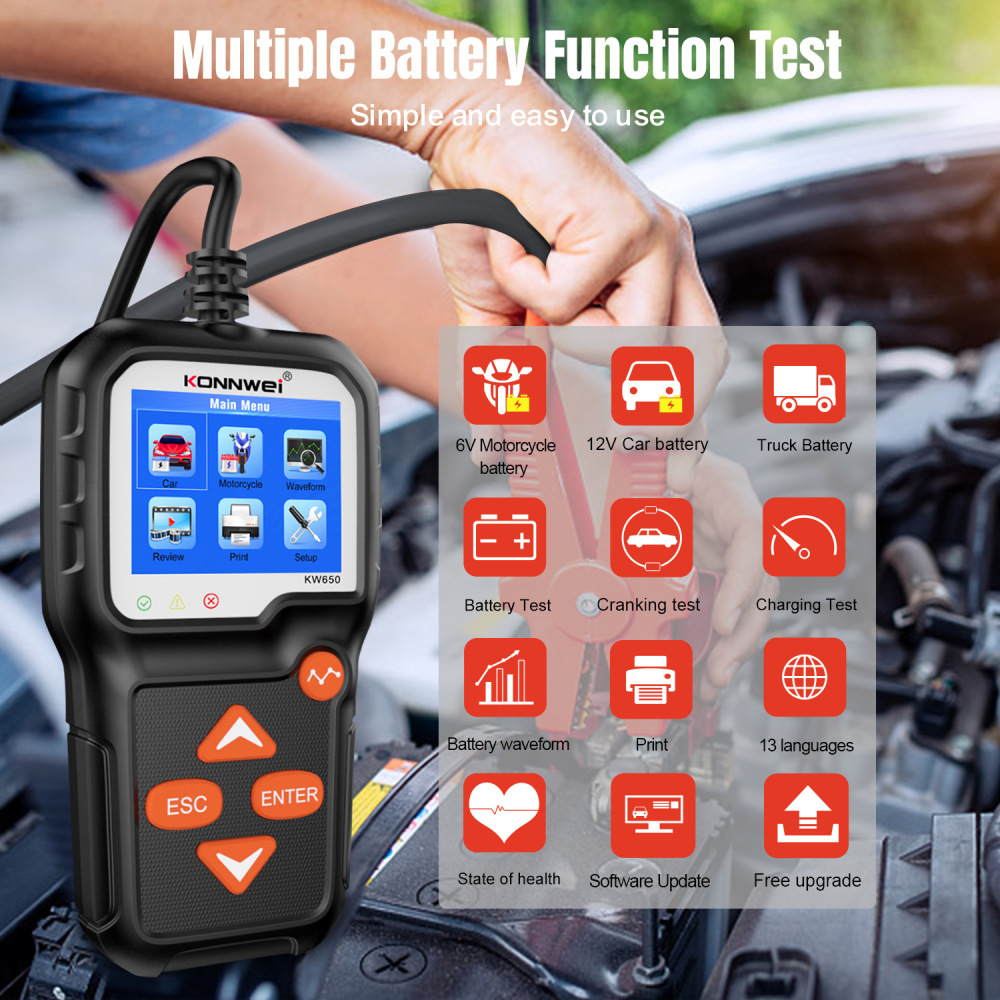 KONNWEI KW650 Car Motorcycle Battery Tester 6V 12V Auto Battery AnalyzerCranking Charging Test Tool