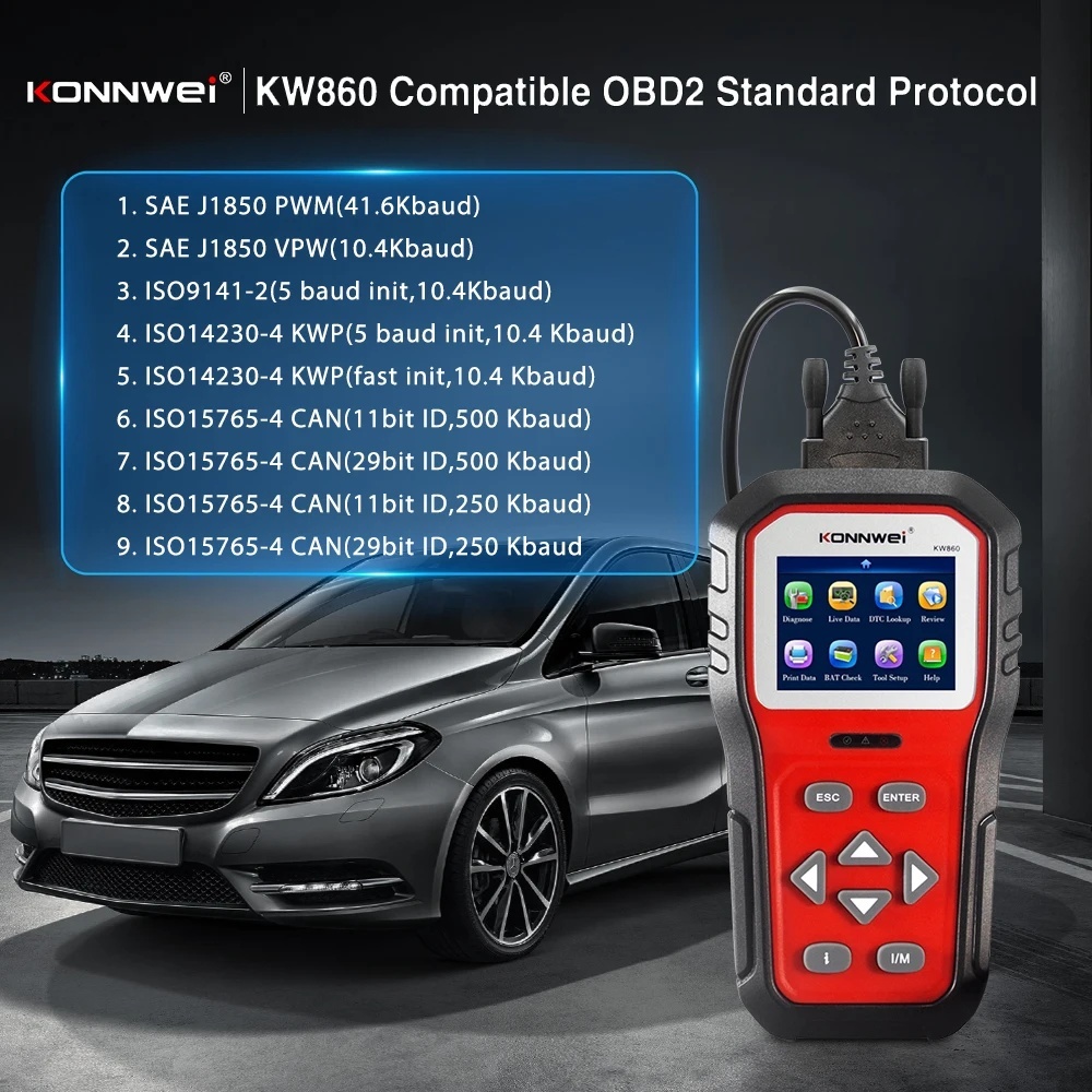 KONNWEI KW860 ODB2 Scanner Full ODB2 Functions Car Engine Fault Code Reader Tools Free Update