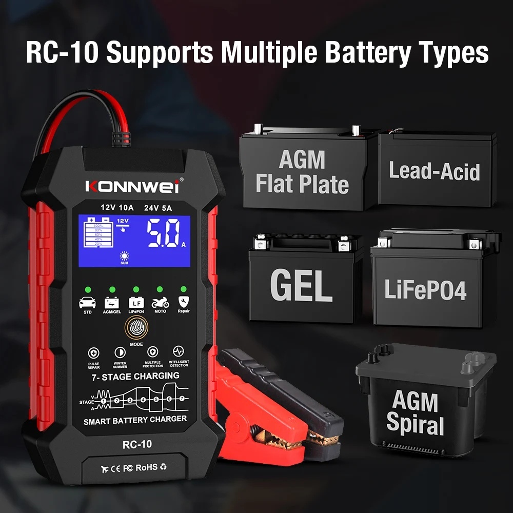 KONNWEI RC-10 12V 10A 24V 5A Car Battery Charger Full Automatic Fast Charging Pulse Repair Battery Charger