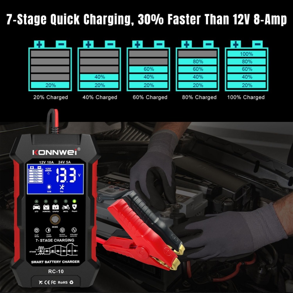 KONNWEI RC-10 12V 10A 24V 5A Car Battery Charger Full Automatic Fast Charging Pulse Repair Battery Charger