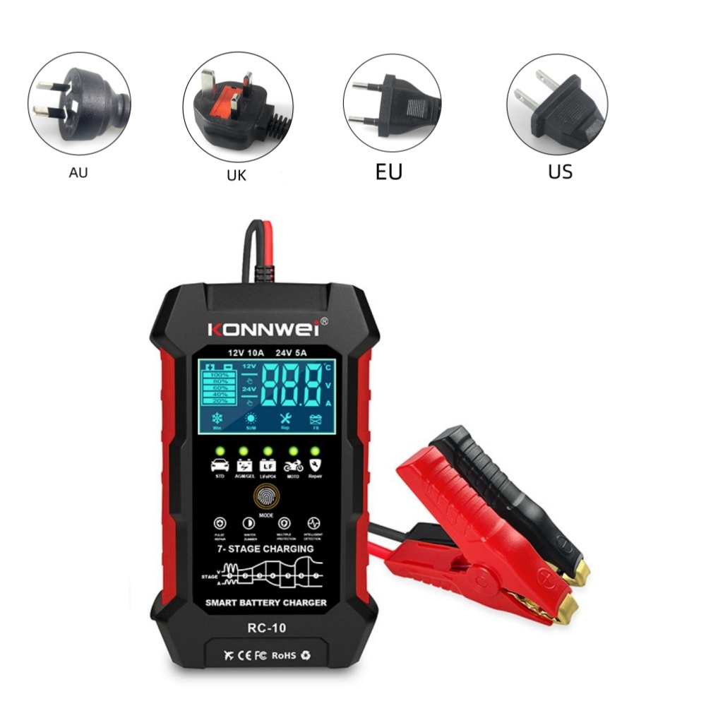 KONNWEI RC-10 12V 10A 24V 5A Car Battery Charger Full Automatic Fast Charging Pulse Repair Battery Charger