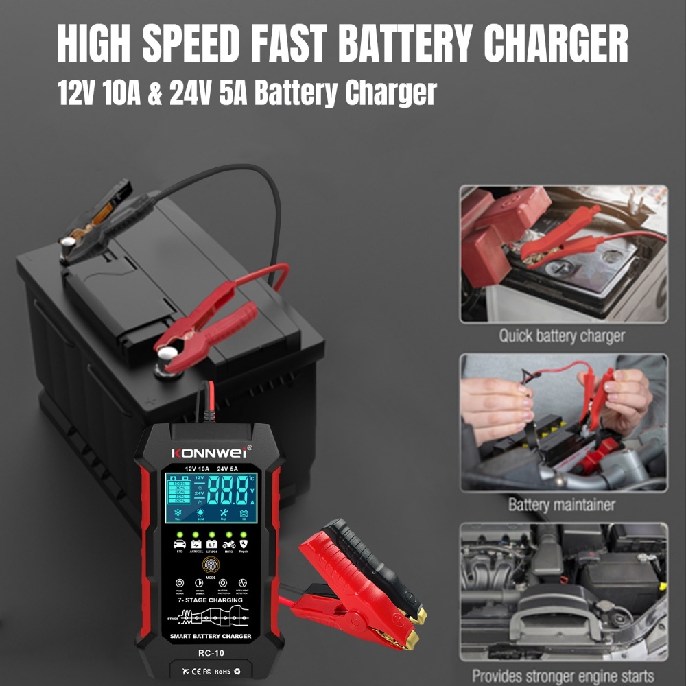 KONNWEI RC-10 12V 10A 24V 5A Car Battery Charger Full Automatic Fast Charging Pulse Repair Battery Charger