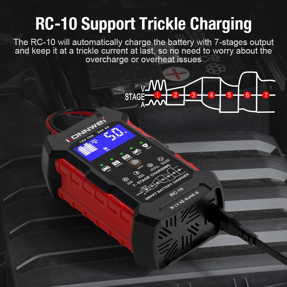 KONNWEI RC-10 12V 10A 24V 5A Car Battery Charger Full Automatic Fast Charging Pulse Repair Battery Charger