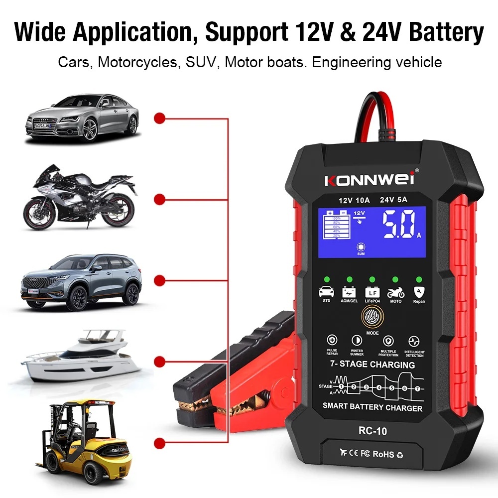 KONNWEI RC-10 12V 10A 24V 5A Car Battery Charger Full Automatic Fast Charging Pulse Repair Battery Charger