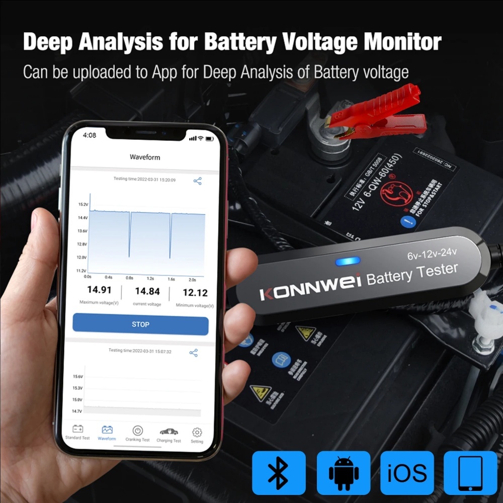 KONNWEI BK100 BK200 6V 12V 24V Bluetooth 5.0 Car Truck Battery Tester waveform Monitor
