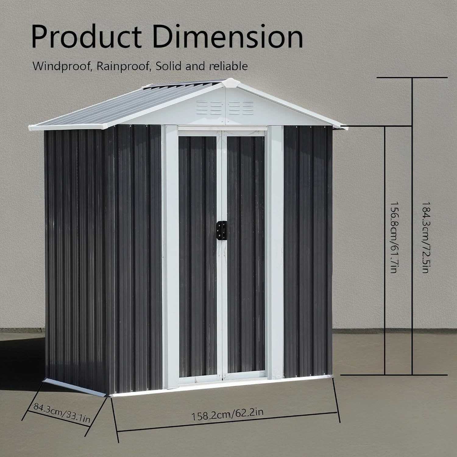 5x3FT Apex Roof Grey Outdoor Waterproof Garden Sheds