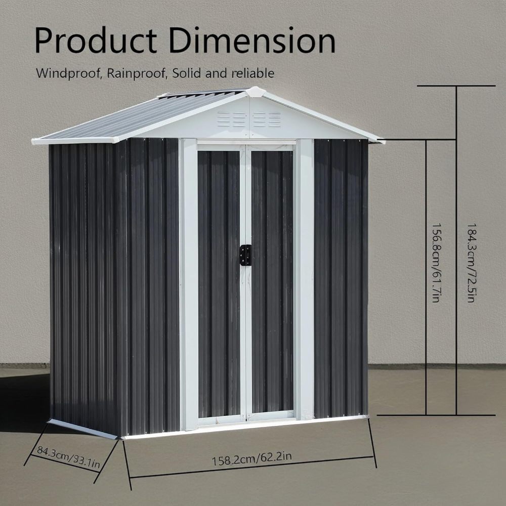 5x3FT Apex Roof Grey Outdoor Waterproof Garden Sheds