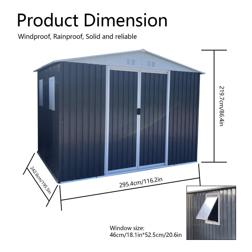 10x8 FT Apex Roof Metal Storage Shed with Windows