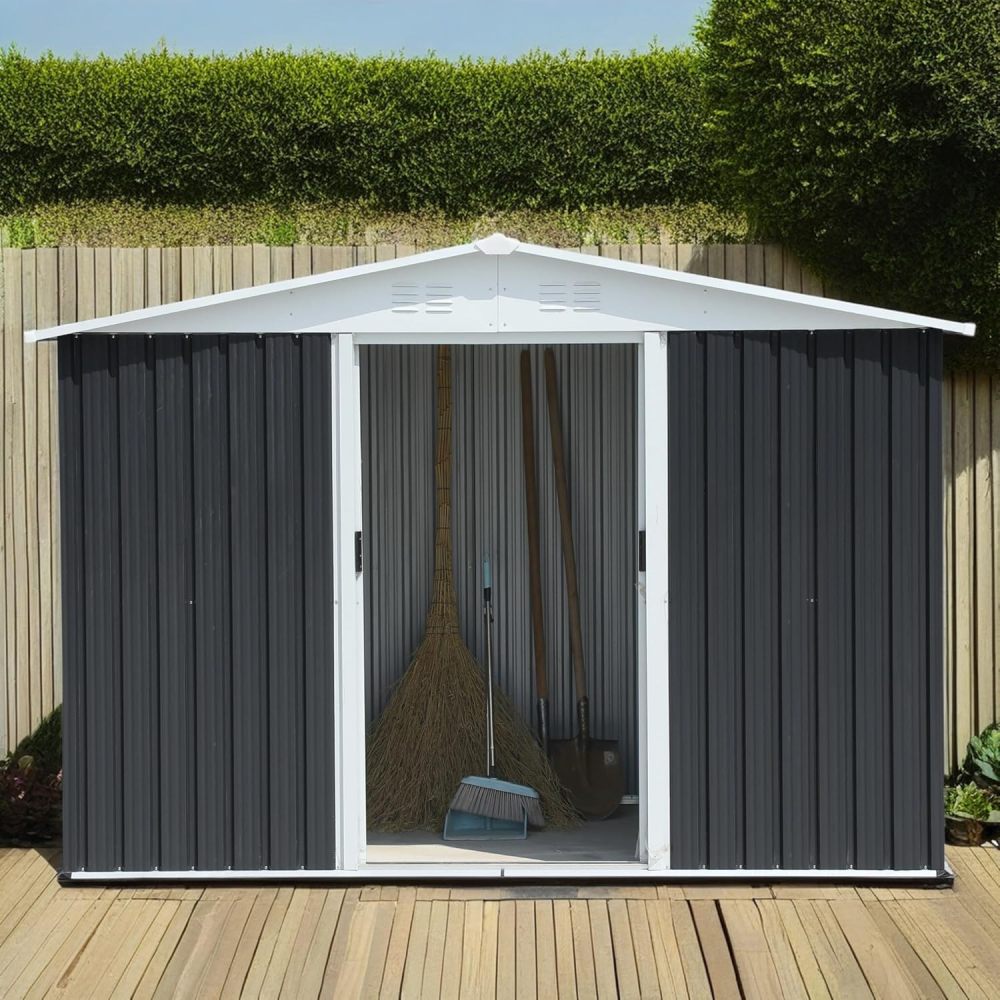 10x8 FT Apex Roof Metal Storage Shed with Windows