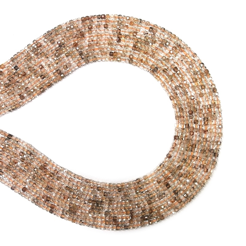 Copper Rutilated Quartz Faceted Cubes, Approx 2x2mm, 38cm/strand