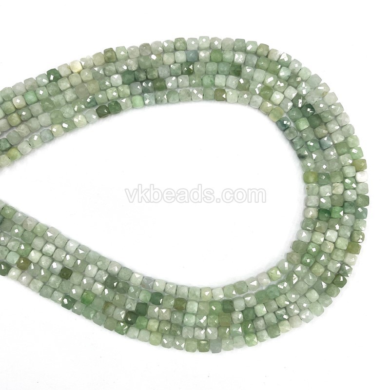 Burma Jade Faceted Cubes, Approx 4x4mm, 38cm/strand