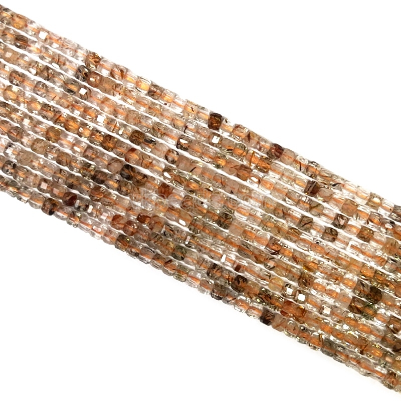 Copper Rutilated Quartz Faceted Cubes, Approx 2x2mm, 38cm/strand