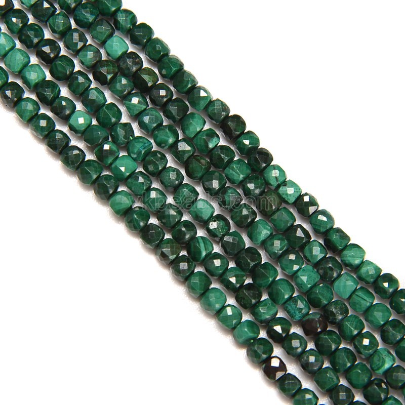 Natural Malachite Faceted Cubes, Approx 2.5x2.5mm, 38cm/strand