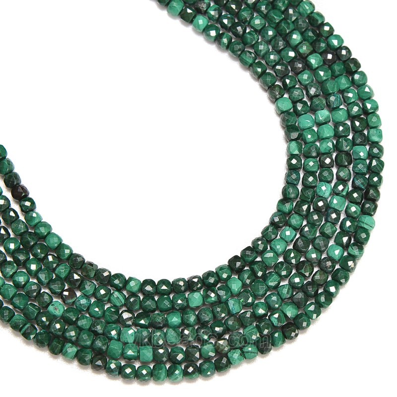Natural Malachite Faceted Cubes, Approx 2.5x2.5mm, 38cm/strand