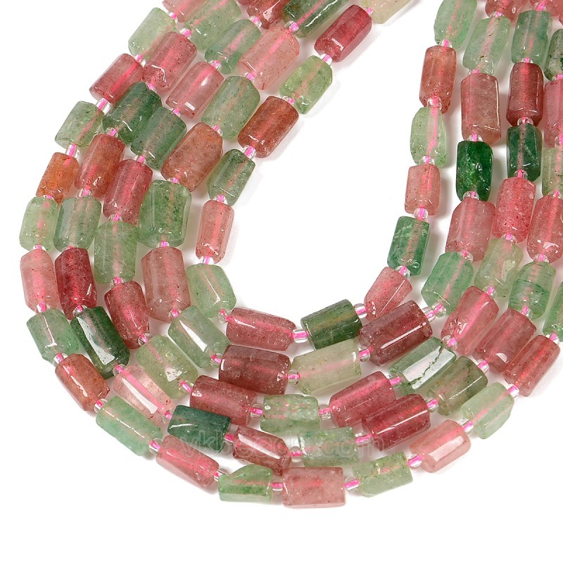 Mixed Green & Red Strawberry Quartz Irregular Faceted Column, Approx 7x12mm, 38cm/strand