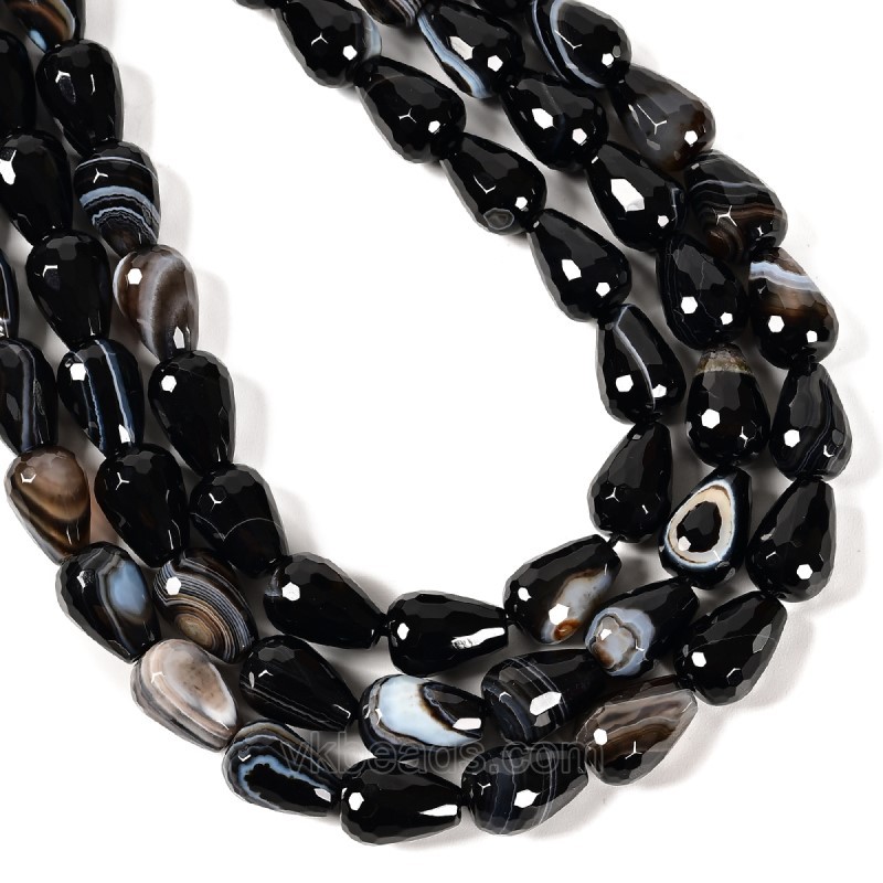 Black Lace Agate Faceted Round Drops, Approx 10x14mm, 38cm/strand