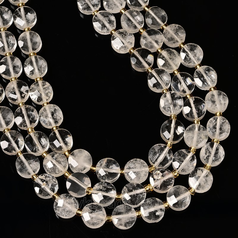 Clear Quartz Faceted Coins with Spacer Beads, Approx 10mm, 38cm/strand