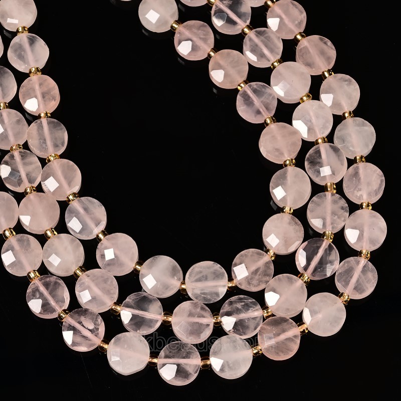Rose Quartz Faceted Coins with Spacer Beads, Approx 10mm, 38cm/strand