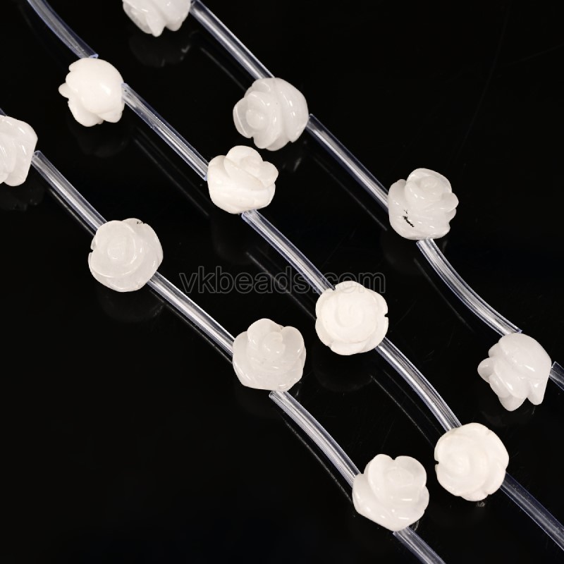 White Jade Carved Rose Flowers, Approx 8-12mm, 15pcs/strand