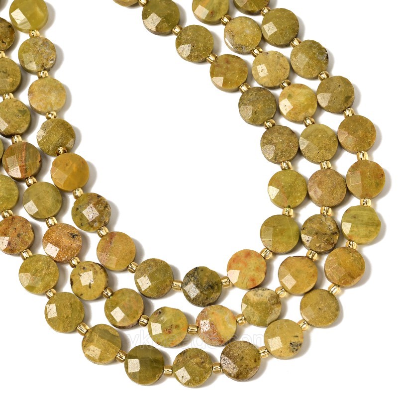 Green Opal Faceted Coins with Spacer Beads, Approx 10mm, 38cm/strand