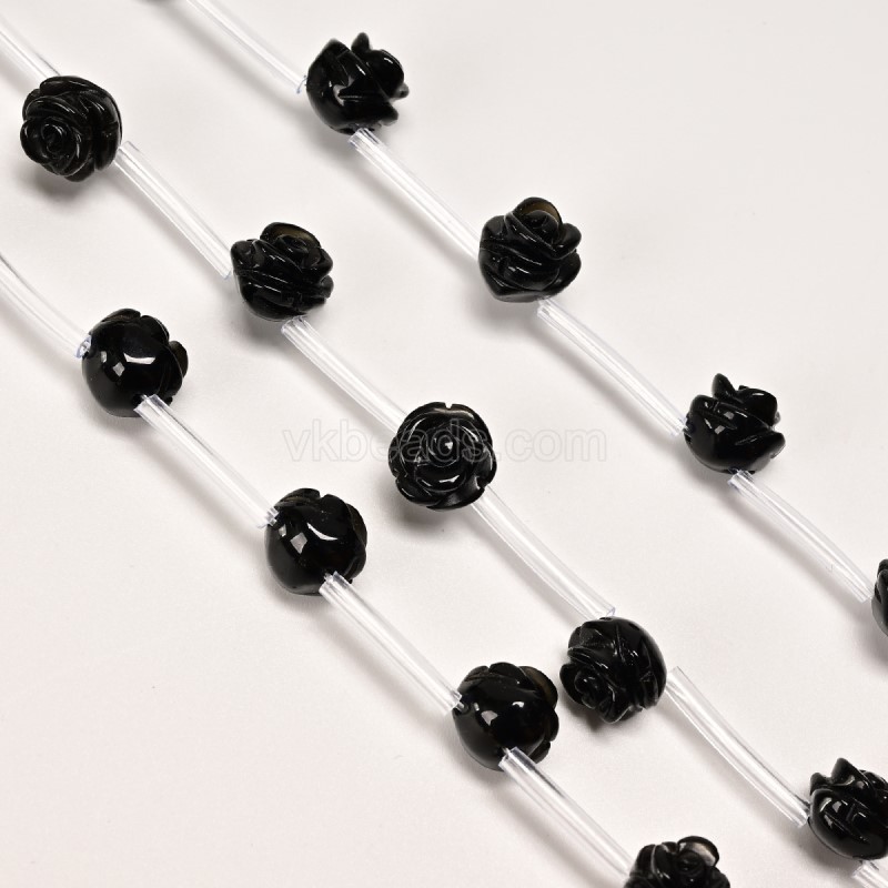 Black Obsidian Carved Rose Flowers, Approx 8-12mm, 15pcs/strand
