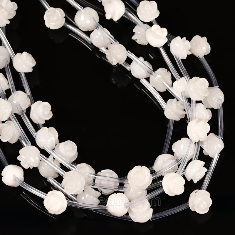 White Jade Carved Rose Flowers, Approx 8-12mm, 15pcs/strand