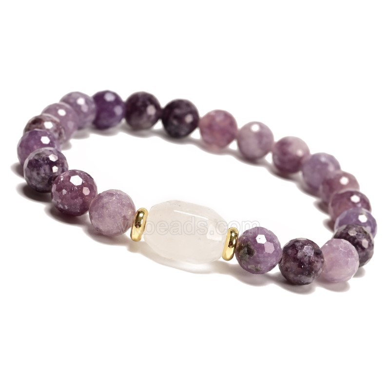 Lilac Lepidolite Faceted Rounds 8mm with White Jade Faceted Nuggets 10x14mm Stretch Bracelet, Sell by Piece