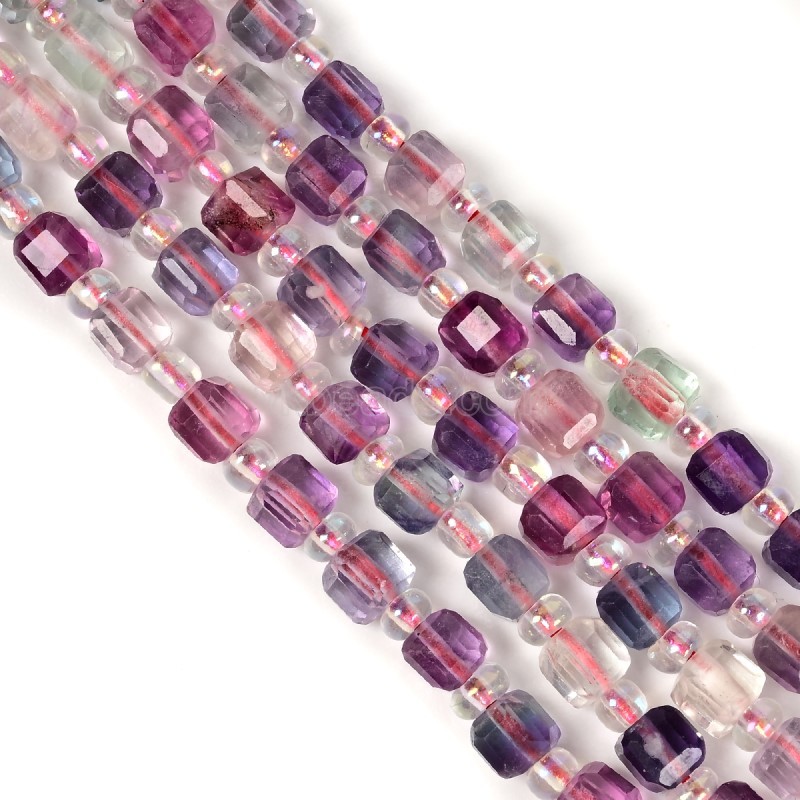 Multicolor Fluorite Faceted Cubes with Seed Beads, Approx 4mm, 38cm/strand