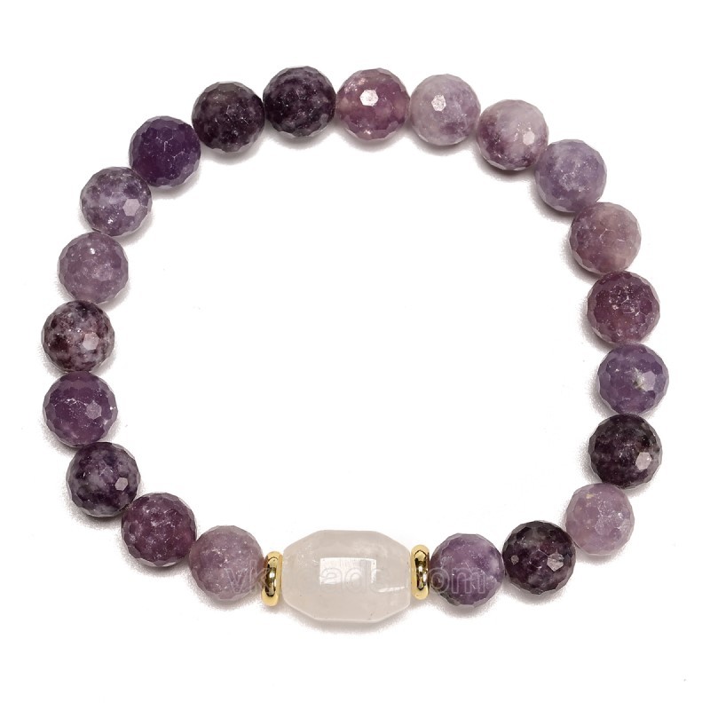 Lilac Lepidolite Faceted Rounds 8mm with White Jade Faceted Nuggets 10x14mm Stretch Bracelet, Sell by Piece