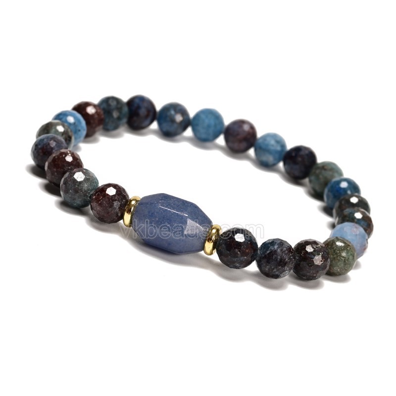 South African Turquoise Faceted Rounds 8mm with Blue Aventurine Faceted Nuggets 10x14mm Stretch Bracelet, Sell by Piece