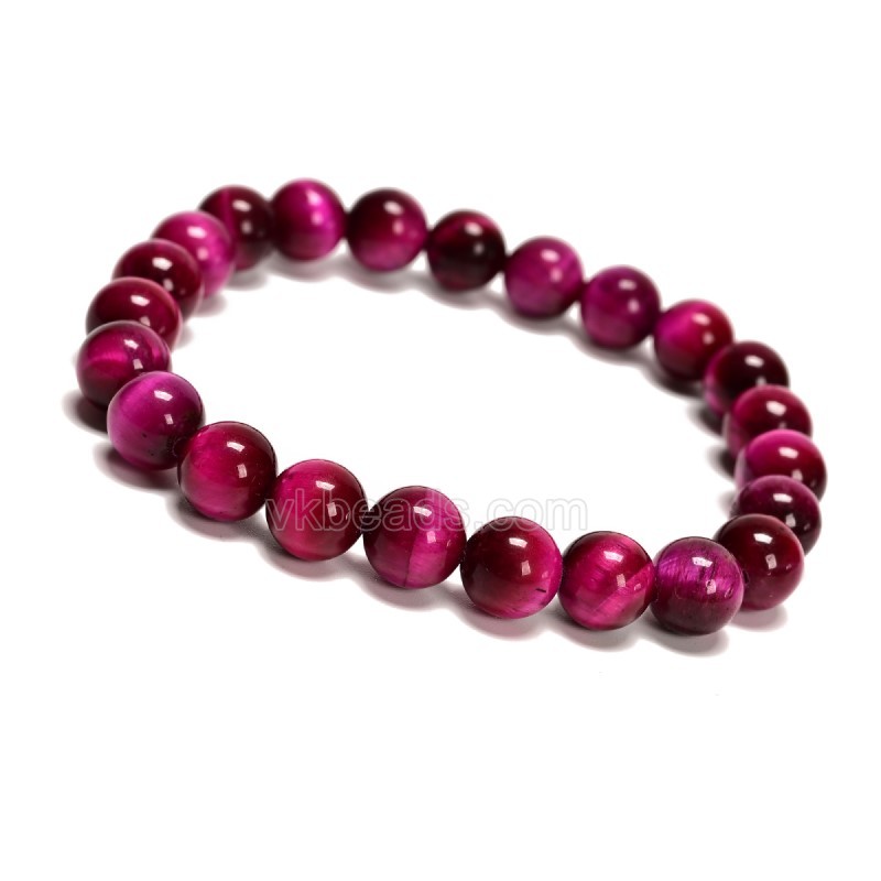 Fuchsia Tiger Eye Smooth Rounds 8mm Stretch Bracelet, Sell by Piece