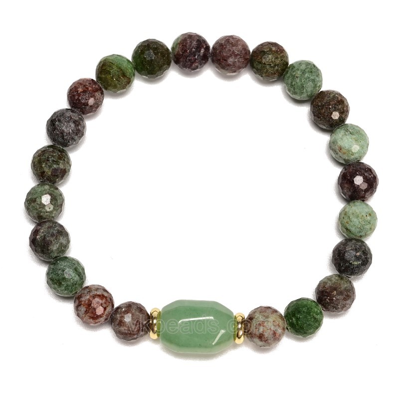 South African Turquoise Faceted Rounds 8mm with Green Aventurine Faceted Nugget 10x14mm Stretch Bracelet, Sell by Piece