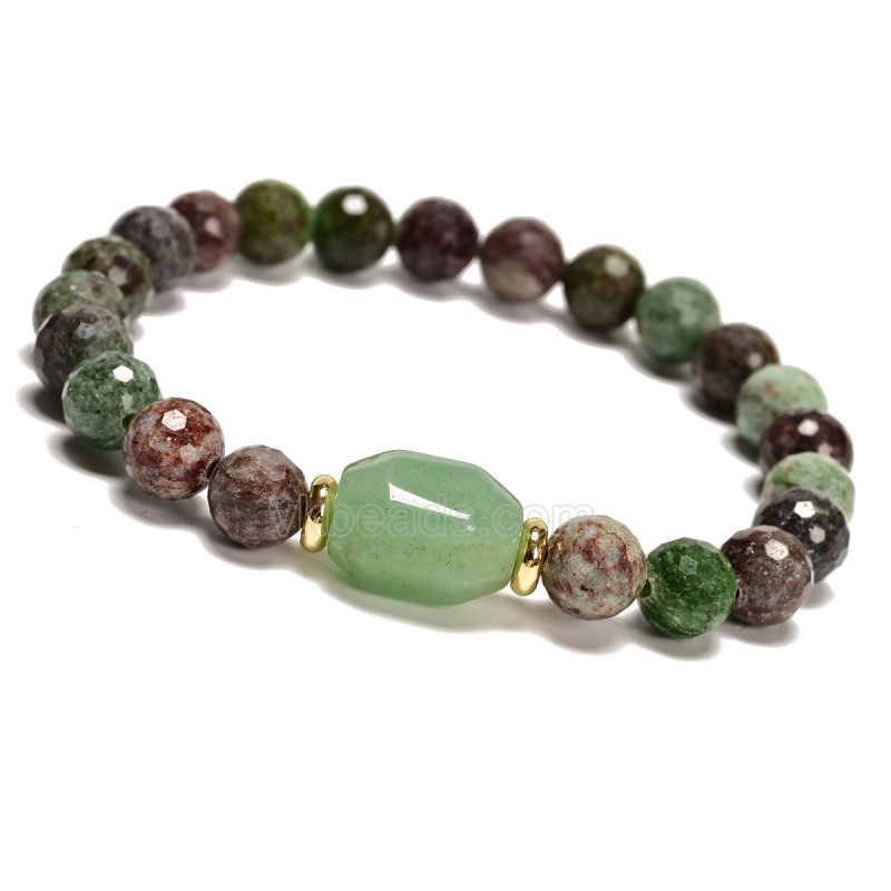 South African Turquoise Faceted Rounds 8mm with Green Aventurine Faceted Nugget 10x14mm Stretch Bracelet, Sell by Piece
