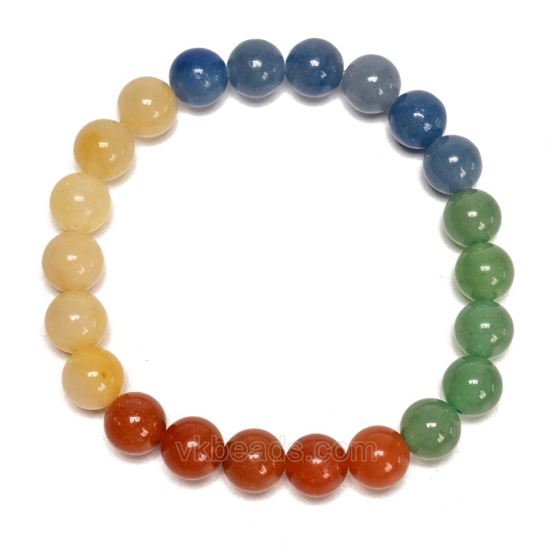 Yellow Old Jade+Blue Aventurine+Green Aventurine+Red Aventurine Smooth Rounds 8mm Stretch Bracelet, Sell by Piece