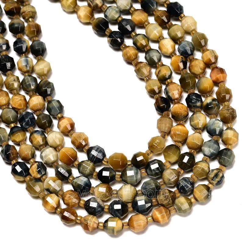Dream Tiger Eye Prism Cut Double Terminated Point Faceted Rounds, Approx 8mm, 38cm/strand
