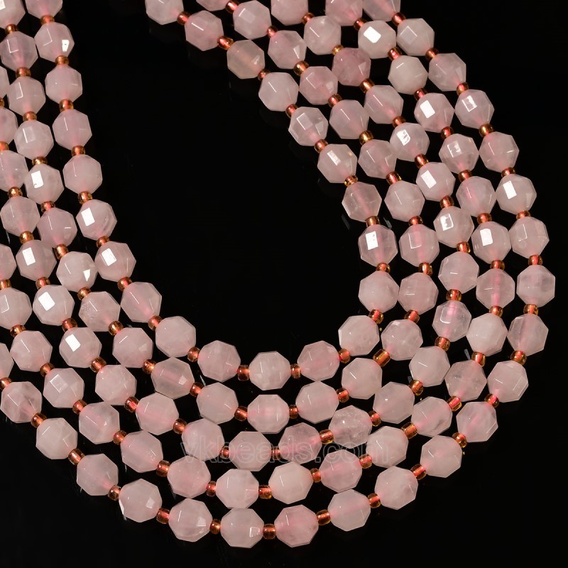 Rose Quartz Prism Cut Double Terminated Point Faceted Rounds, Approx 6-8mm, 38cm/strand