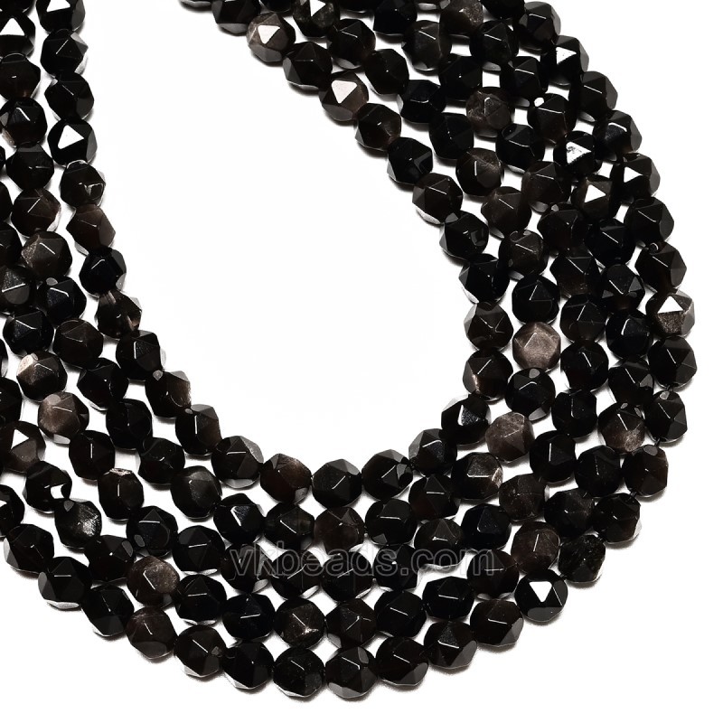 Silver Obsidian Star Cut Faceted Rounds, Approx 6-10mm, 38cm/strand
