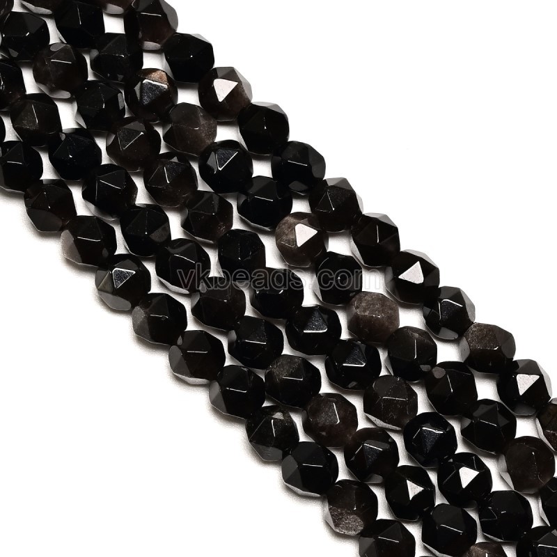 Silver Obsidian Star Cut Faceted Rounds, Approx 6-10mm, 38cm/strand