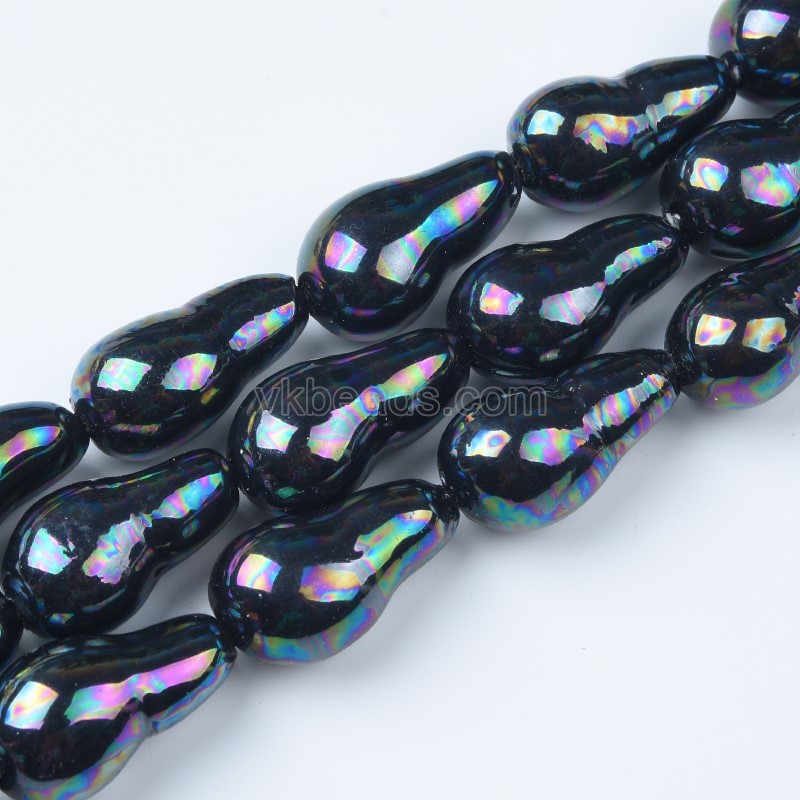 Rainbow Plated Black Baroque Shell Pearl Nuggets, Approx 13x24mm, 38cm/strand