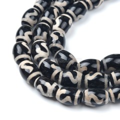 Tibetan Ruyi Hook Pattern Black dZi Agate Smooth Barrel Drum Beads, Approx 10x14mm, 34-35cm/strand