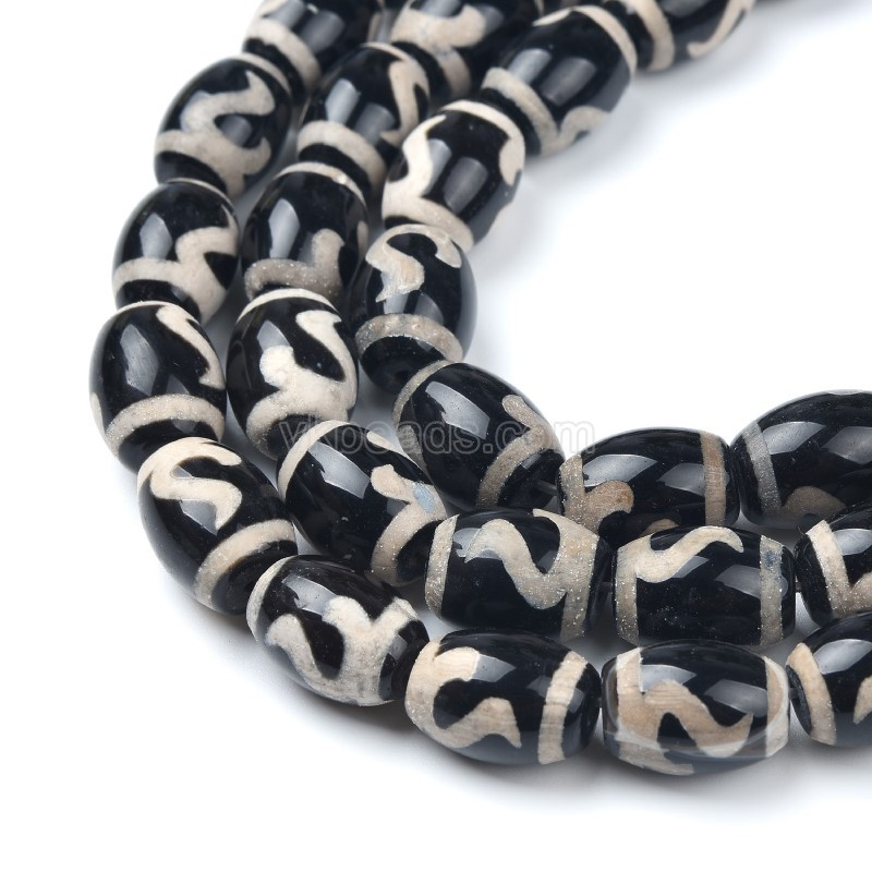 Tibetan Ruyi Hook Pattern Black dZi Agate Smooth Barrel Drum Beads, Approx 10x14mm, 34-35cm/strand