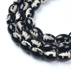 Tibetan Goddness of Mercy  Pattern Black dZi Agate Smooth Barrel Drum Beads, Approx 10x14mm, 34-35cm/strand